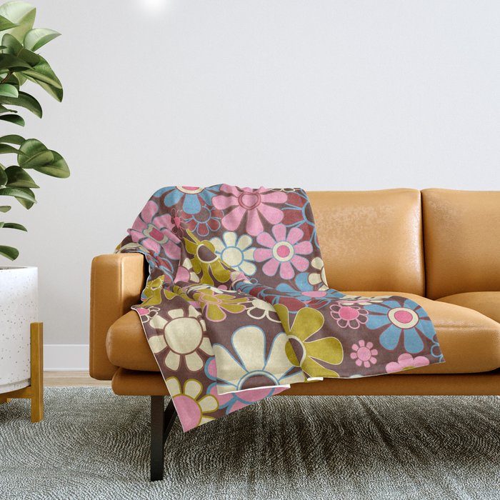 Groovy Retro Garden 60s 70s Eclectic Floral Pattern on Brown Throw Blanket Gallery Image 1