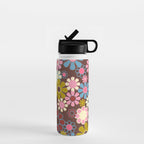 Groovy Retro Garden 60s 70s Eclectic Floral Pattern on Brown Water Bottle Gallery Image 1