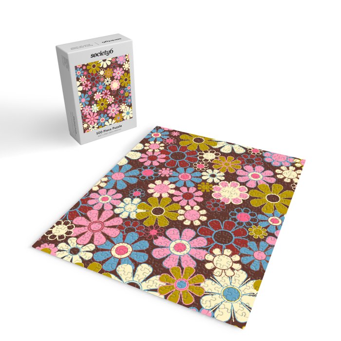 Groovy Retro Garden 60s 70s Eclectic Floral Pattern on Brown Jigsaw Puzzle Gallery Image 2