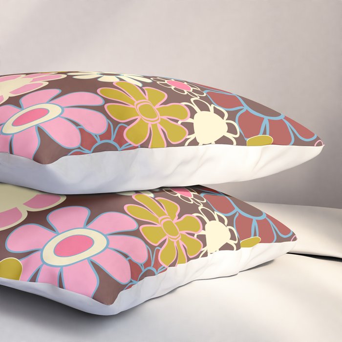 Groovy Retro Garden 60s 70s Eclectic Floral Pattern on Brown Pillow Sham Gallery Image 3