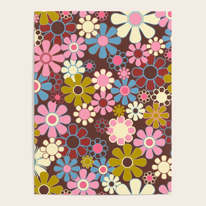 Groovy Retro Garden 60s 70s Eclectic Floral Pattern on Brown Poster Gallery Image 1