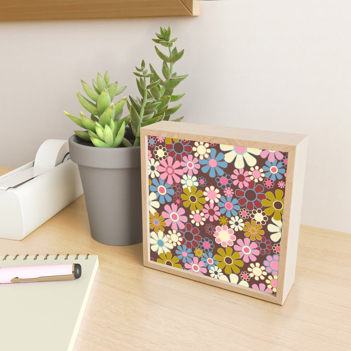 Groovy Retro Garden 60s 70s Eclectic Floral Pattern on Brown Mini Art Print Gallery Image 2