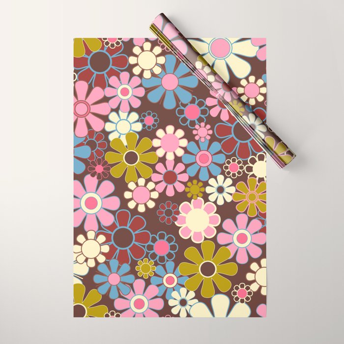 Groovy Retro Garden 60s 70s Eclectic Floral Pattern on Brown Wrapping Paper Gallery Image 1