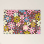 Groovy Retro Garden 60s 70s Eclectic Floral Pattern on Brown Welcome Mat Gallery Image 1
