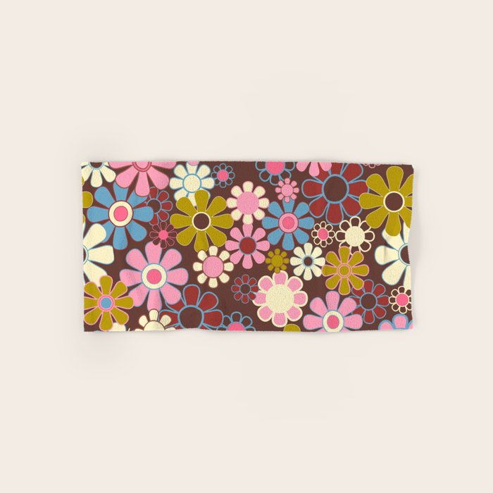 Groovy Retro Garden 60s 70s Eclectic Floral Pattern on Brown Bath Towel Gallery Image 1