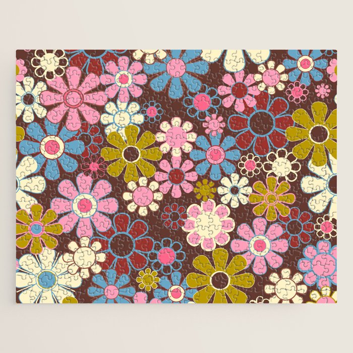 Groovy Retro Garden 60s 70s Eclectic Floral Pattern on Brown Jigsaw Puzzle Gallery Image 1