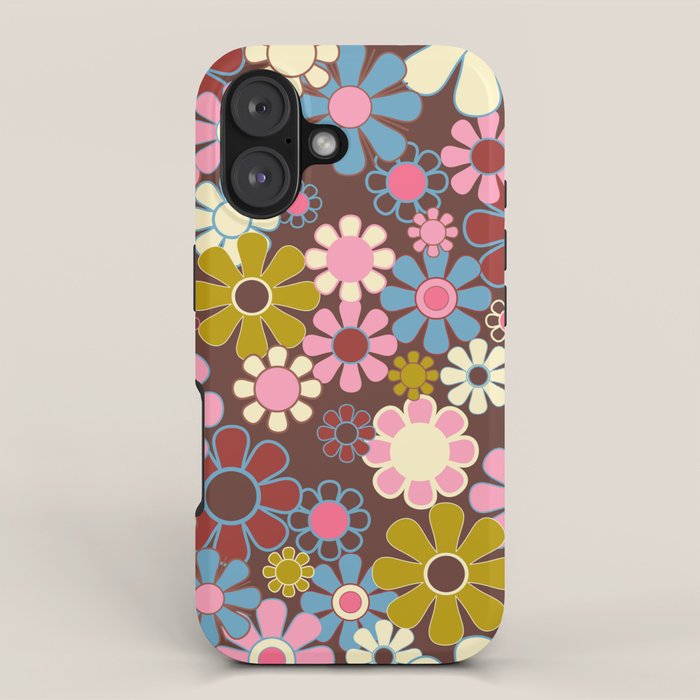 Groovy Retro Garden 60s 70s Eclectic Floral Pattern on Brown iPhone Case Gallery Image 1