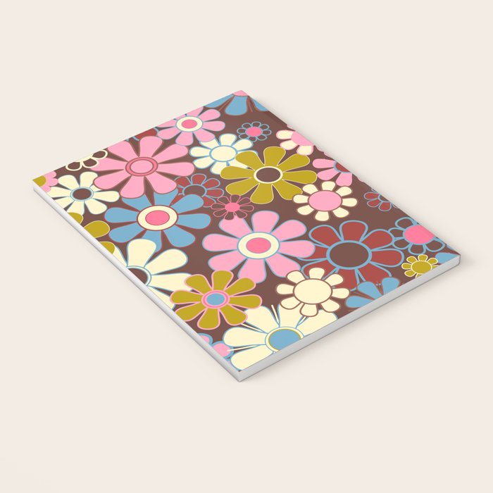 Groovy Retro Garden 60s 70s Eclectic Floral Pattern on Brown Notebook Gallery Image 3
