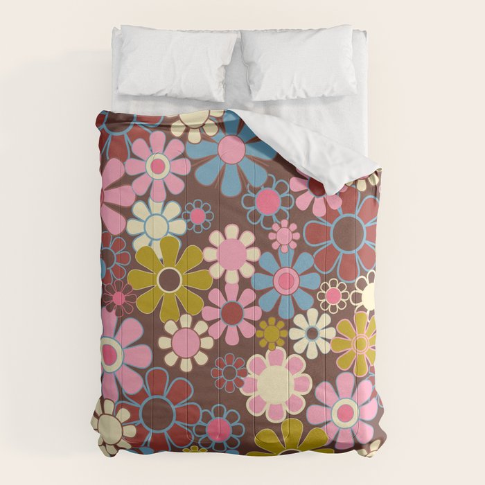 Groovy Retro Garden 60s 70s Eclectic Floral Pattern on Brown Comforter Gallery Image 6