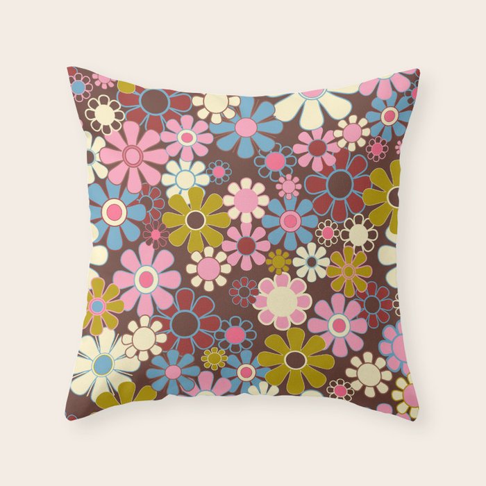 Groovy Retro Garden 60s 70s Eclectic Floral Pattern on Brown Throw Pillow Gallery Image 6