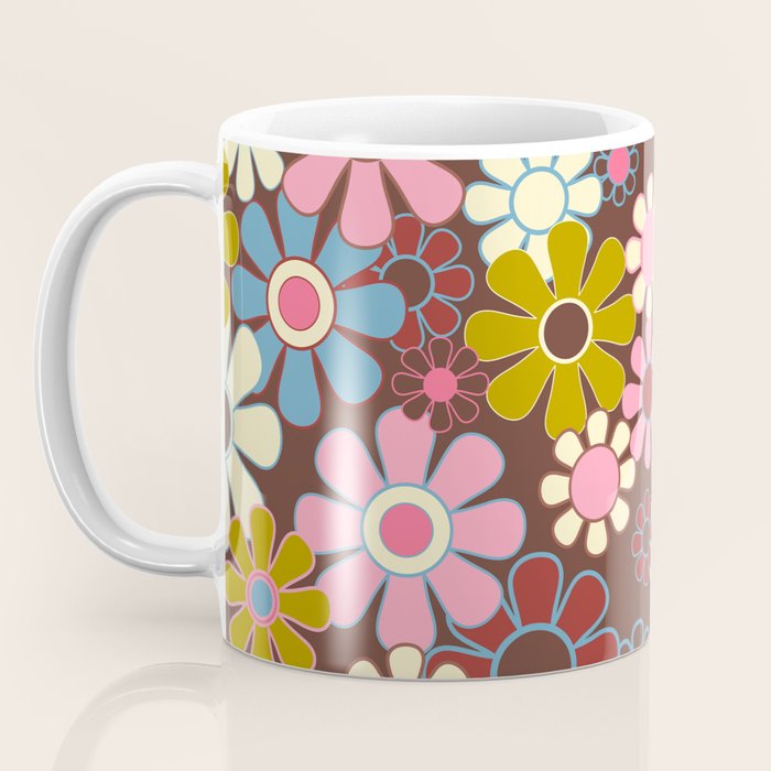 Groovy Retro Garden 60s 70s Eclectic Floral Pattern on Brown Coffee Mug Gallery Image 3