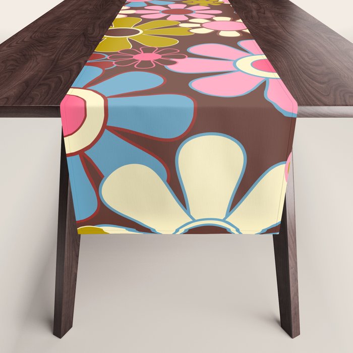 Groovy Retro Garden 60s 70s Eclectic Floral Pattern on Brown Table Runner Gallery Image 1