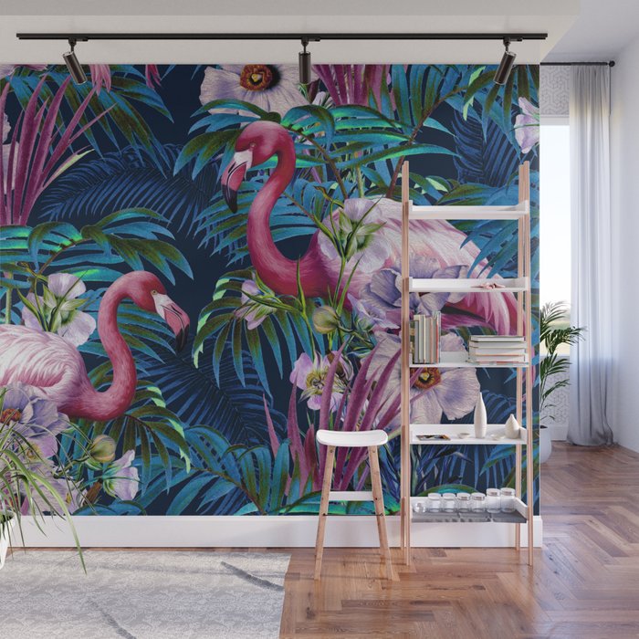 Night Forest Flamingos Wall Mural Gallery Image 1
