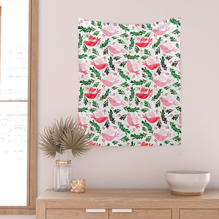 Festive Birds - christmas pattern no2 Wall Tapestry Gallery Image 2