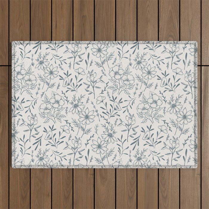 Blue Gray Flower Pattern Outdoor Rug Gallery Image 1