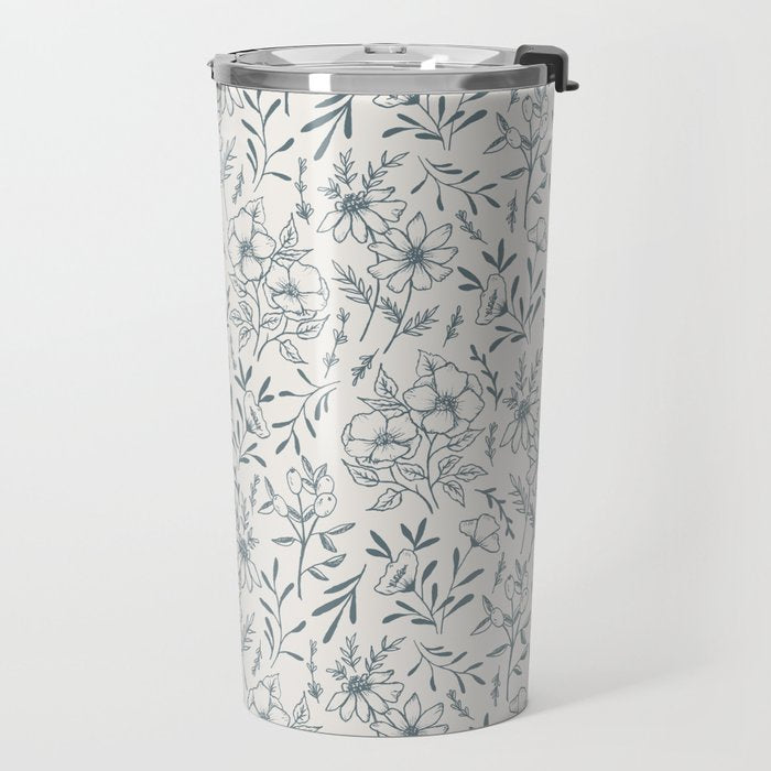 Blue Gray Flower Pattern Travel Mug Gallery Image 2