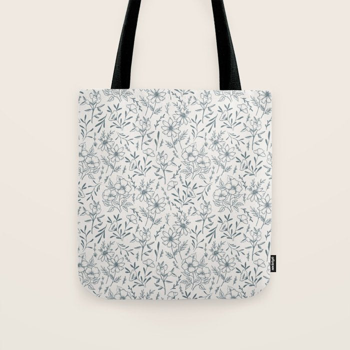 Blue Gray Flower Pattern Tote Bag Gallery Image 1