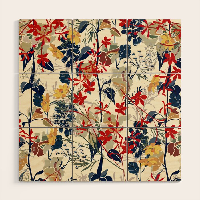 Wildflowers, Floral Prints, Red, Navy, Yellow Wood Wall Art Gallery Image 1
