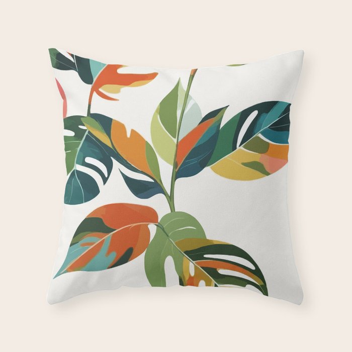 Botanical Celebration of Color, Tropical Nature Plants Leaves, Pastel Minimal Bohemian Colorful Eclectic Painting, Illustration Vintage Modern Boho Throw Pillow Gallery Image 6