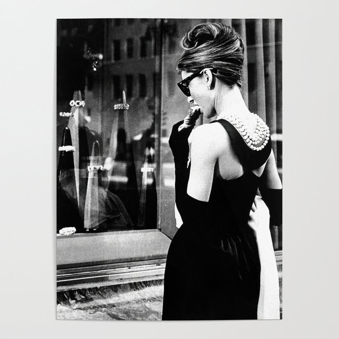 Audrey Hepburn in Black Gown, Jewelry, Vintage Black and White Art Poster Gallery Image 4