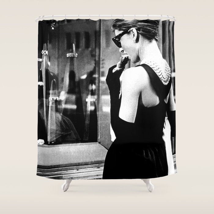 Audrey Hepburn in Black Gown, Jewelry, Vintage Black and White Art Shower Curtain Gallery Image 1