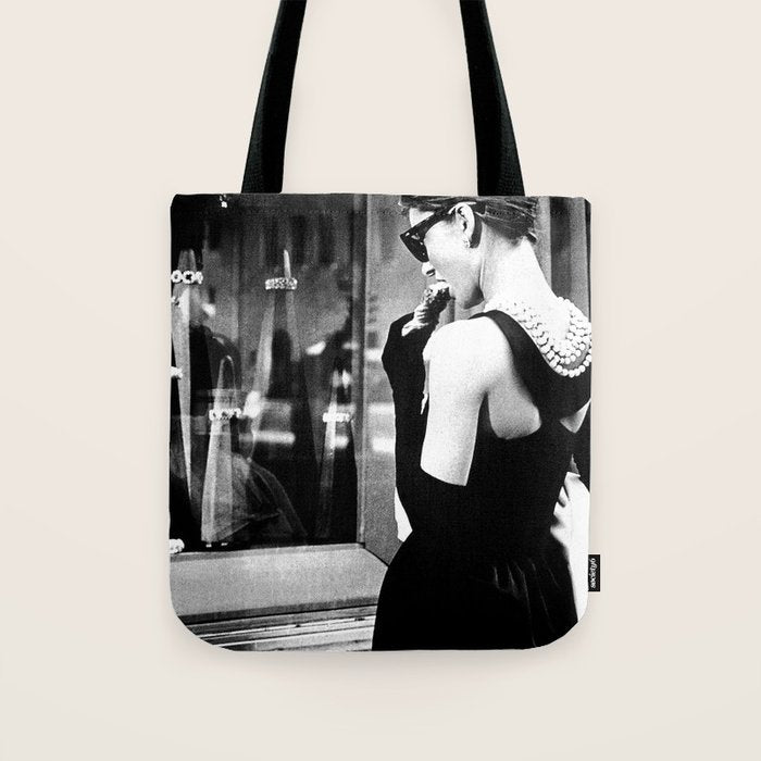 Audrey Hepburn in Black Gown, Jewelry, Vintage Black and White Art Tote Bag Gallery Image 1