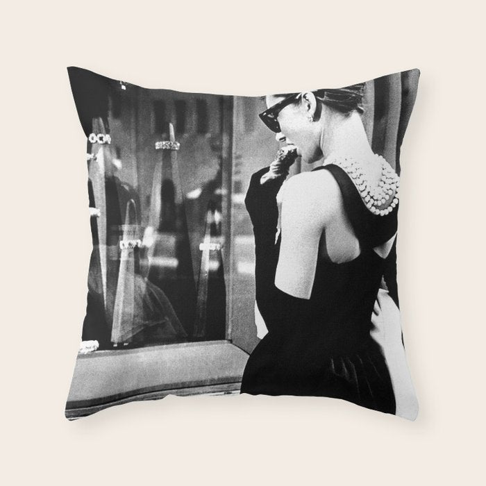 Audrey Hepburn in Black Gown, Jewelry, Vintage Black and White Art Throw Pillow Gallery Image 6