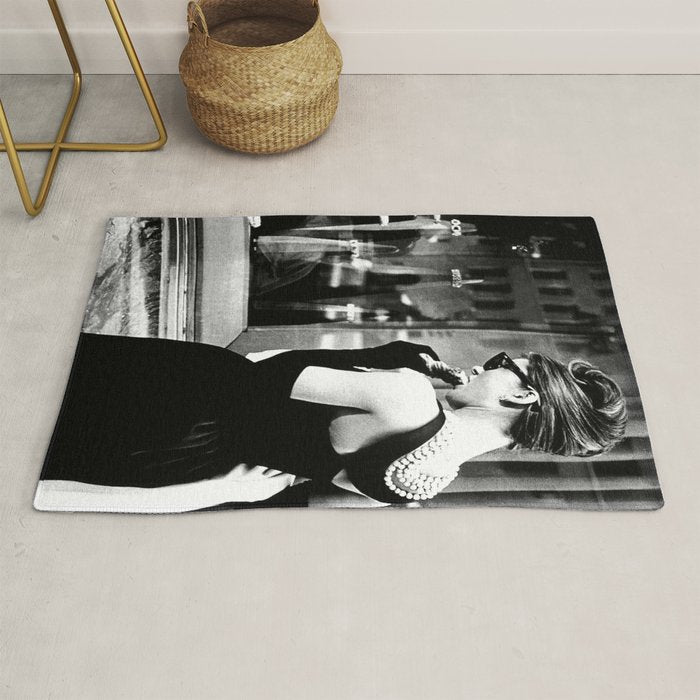 Audrey Hepburn in Black Gown, Jewelry, Vintage Black and White Art Rug Gallery Image 1