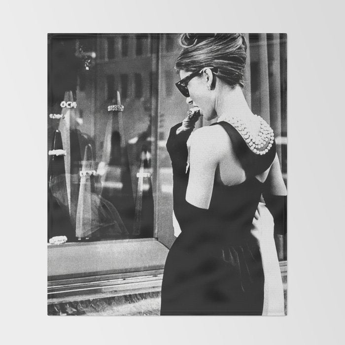 Audrey Hepburn in Black Gown, Jewelry, Vintage Black and White Art Throw Blanket Gallery Image 2
