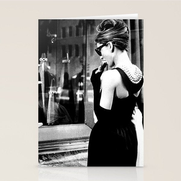 Audrey Hepburn in Black Gown, Jewelry, Vintage Black and White Art Stationery Card Gallery Image 2