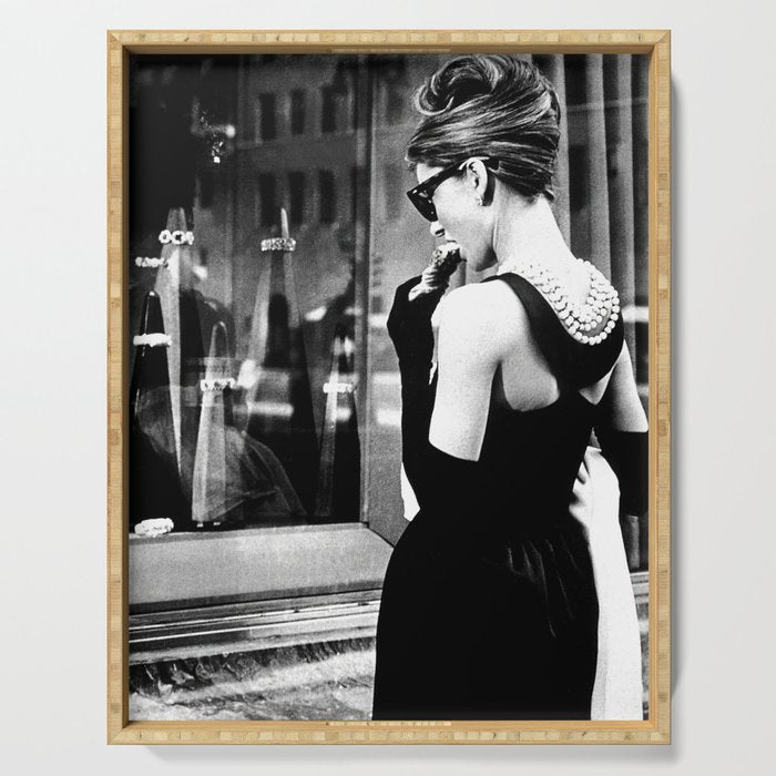Audrey Hepburn in Black Gown, Jewelry, Vintage Black and White Art Serving Tray Gallery Image 1