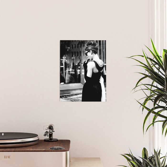 Audrey Hepburn in Black Gown, Jewelry, Vintage Black and White Art Poster Gallery Image 2