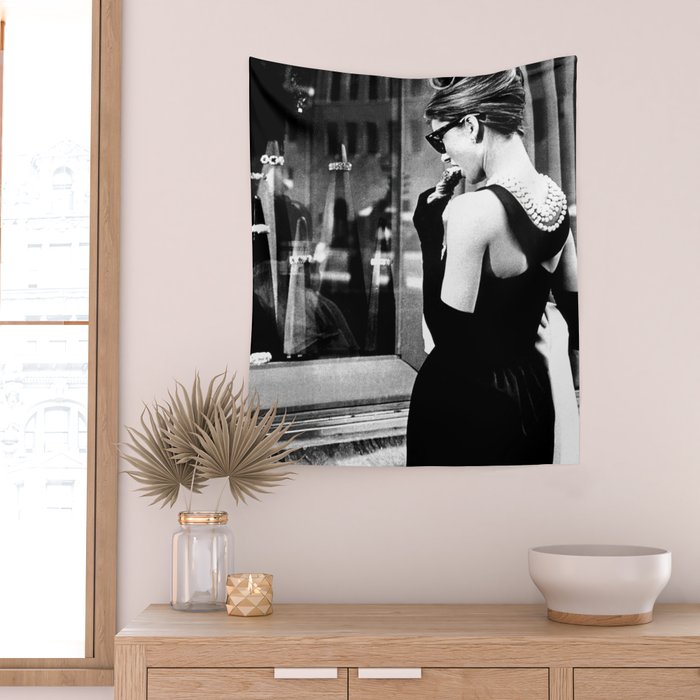 Audrey Hepburn in Black Gown, Jewelry, Vintage Black and White Art Wall Tapestry Gallery Image 2