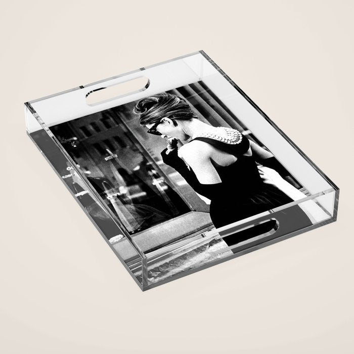 Audrey Hepburn in Black Gown, Jewelry, Vintage Black and White Art Acrylic Tray Gallery Image 1