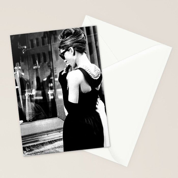 Audrey Hepburn in Black Gown, Jewelry, Vintage Black and White Art Stationery Card Gallery Image 2