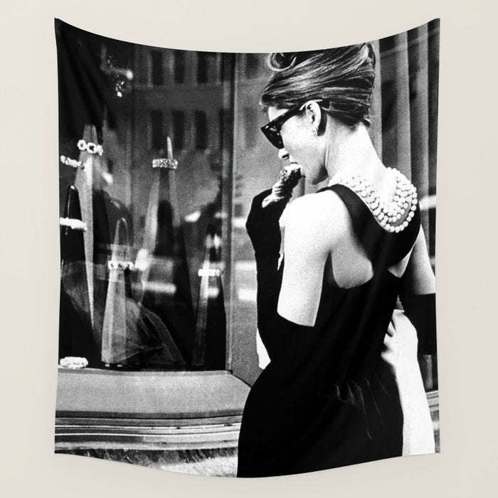 Audrey Hepburn in Black Gown, Jewelry, Vintage Black and White Art Wall Tapestry Gallery Image 4