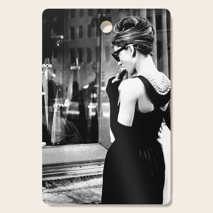 Audrey Hepburn in Black Gown, Jewelry, Vintage Black and White Art Cutting Board Gallery Image 1