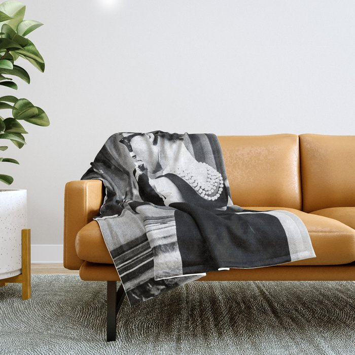 Audrey Hepburn in Black Gown, Jewelry, Vintage Black and White Art Throw Blanket Gallery Image 1