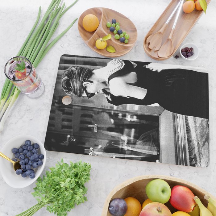 Audrey Hepburn in Black Gown, Jewelry, Vintage Black and White Art Cutting Board Gallery Image 2