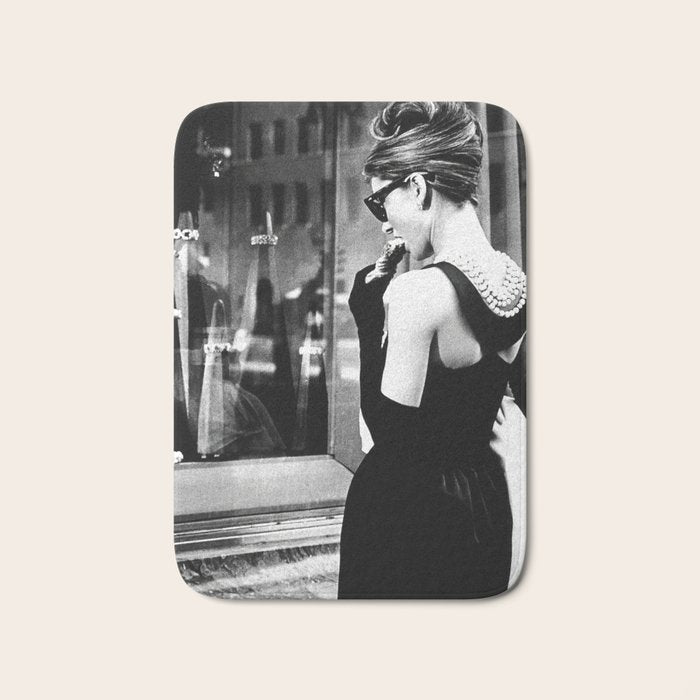 Audrey Hepburn in Black Gown, Jewelry, Vintage Black and White Art Bath Mat Gallery Image 1