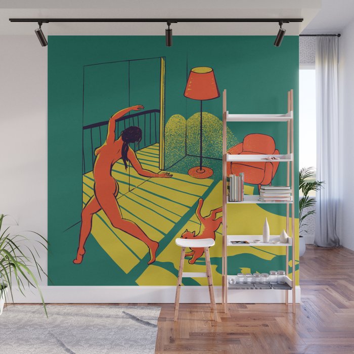 Dancing with the cat | Moody sunset light and shadows Aesthetic Green room Naked dance Femme Fatale  Wall Mural Gallery Image 1