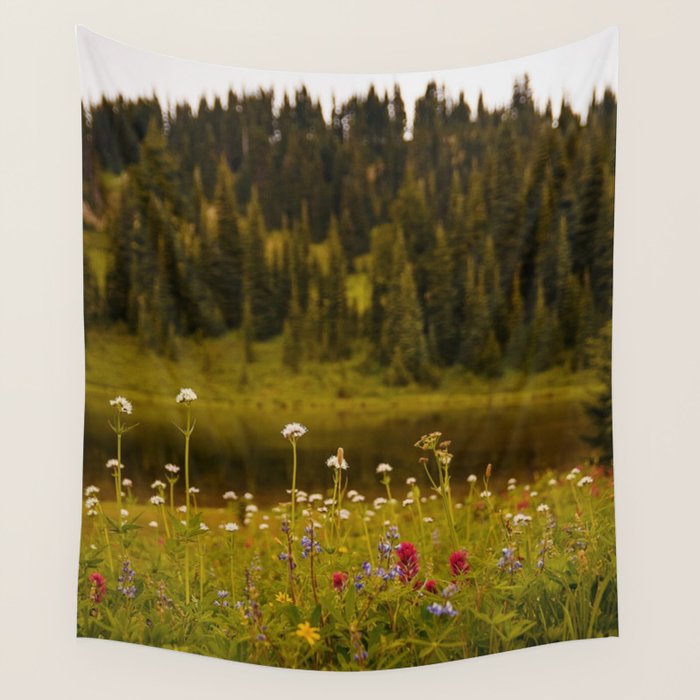 Mount Rainier Wildflower Field Wall Tapestry Gallery Image 4