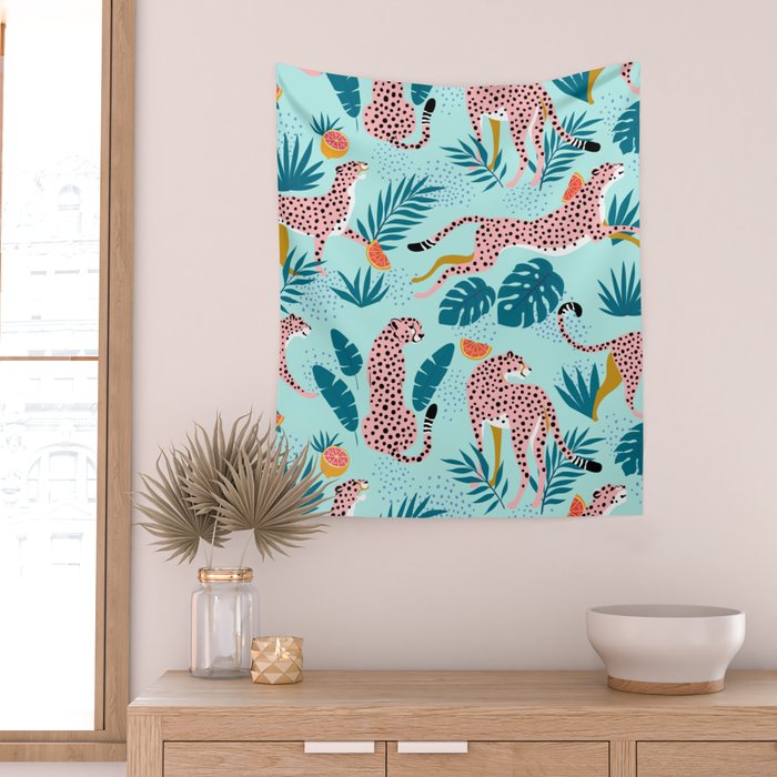 Cheetahs In The Grapefruit Grove, Tropical Jungle bohemian Wildlife, Tiger Wild Cat Nature Forest Wall Tapestry Gallery Image 2