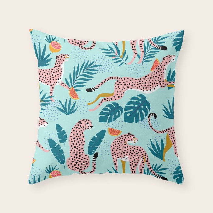 Cheetahs In The Grapefruit Grove, Tropical Jungle bohemian Wildlife, Tiger Wild Cat Nature Forest Throw Pillow Gallery Image 1