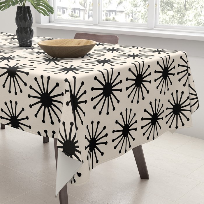 Midcentury Molecules Atomic Retro Dot Pattern Black and Almond Cream Tablecloth Gallery Image 3