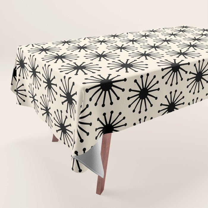 Midcentury Molecules Atomic Retro Dot Pattern Black and Almond Cream Tablecloth Gallery Image 1