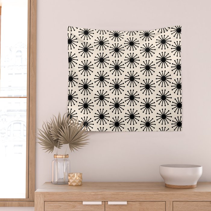 Midcentury Molecules Atomic Retro Dot Pattern Black and Almond Cream Wall Tapestry Gallery Image 2
