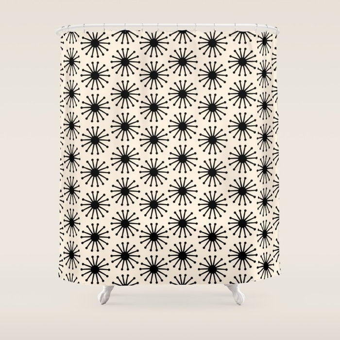 Midcentury Molecules Atomic Retro Dot Pattern Black and Almond Cream Shower Curtain Gallery Image 1