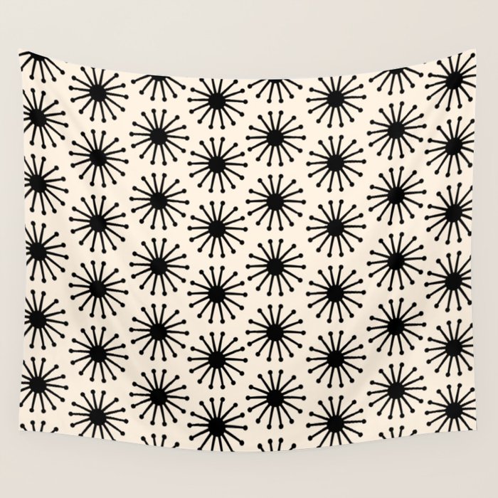Midcentury Molecules Atomic Retro Dot Pattern Black and Almond Cream Wall Tapestry Gallery Image 1