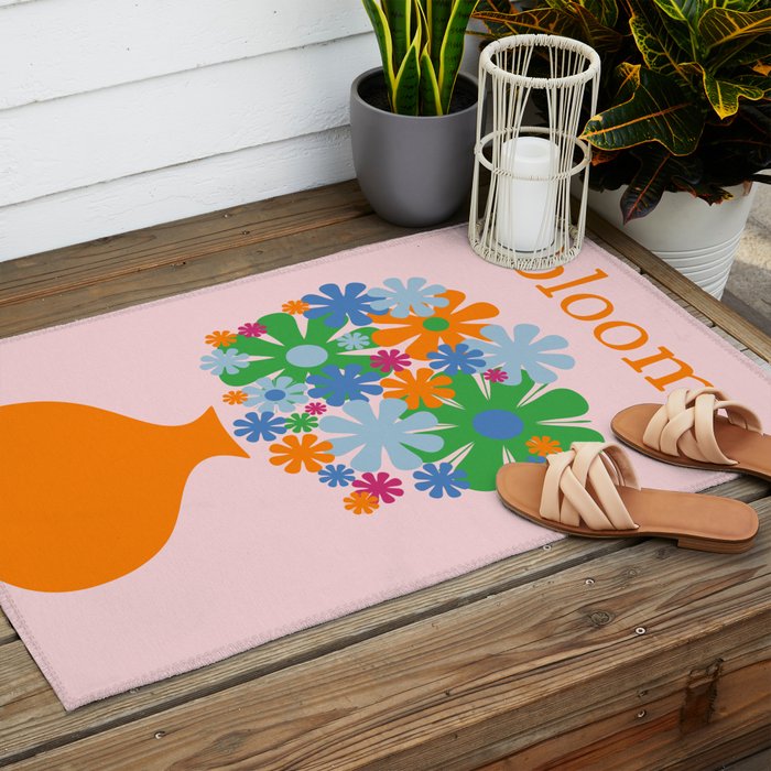 Bloom Retro Flowers in Vase Outdoor Rug Gallery Image 2